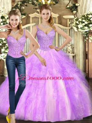 Dramatic Straps Sleeveless Sweet 16 Dresses Floor Length Beading and Ruffles Lilac Organza