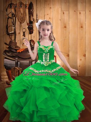 Fancy Embroidery and Ruffles Girls Pageant Dresses Green Lace Up Sleeveless Floor Length