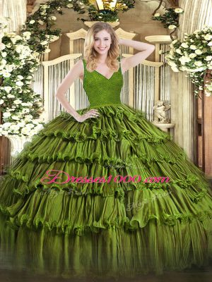 Simple Olive Green Organza Zipper V-neck Sleeveless Floor Length Sweet 16 Dresses Beading and Ruffled Layers