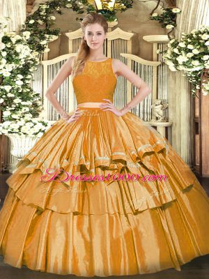 Tulle Scoop Sleeveless Zipper Ruffled Layers 15 Quinceanera Dress in Gold