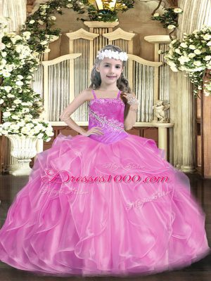 Lilac Ball Gowns Straps Sleeveless Organza Floor Length Lace Up Beading Party Dress for Girls