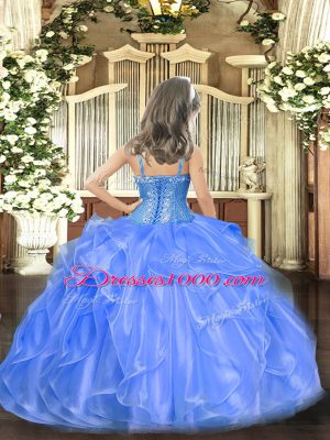 Lilac Ball Gowns Straps Sleeveless Organza Floor Length Lace Up Beading Party Dress for Girls