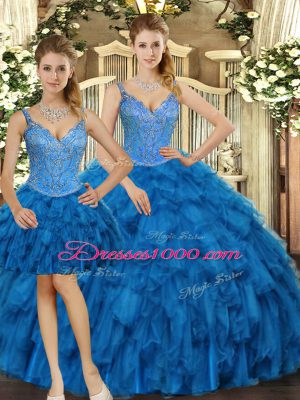 Floor Length Three Pieces Sleeveless Teal 15 Quinceanera Dress Lace Up