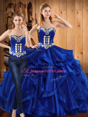 Best Selling Royal Blue Two Pieces Organza Sweetheart Sleeveless Embroidery and Ruffles Floor Length Lace Up Quinceanera Gowns