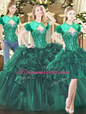 Gorgeous Sleeveless Tulle Floor Length Lace Up Quinceanera Gown in Dark Green with Beading and Ruffles