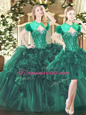 Gorgeous Sleeveless Tulle Floor Length Lace Up Quinceanera Gown in Dark Green with Beading and Ruffles