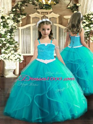 Aqua Blue Tulle Lace Up Straps Sleeveless Floor Length Little Girls Pageant Dress Appliques and Ruffles