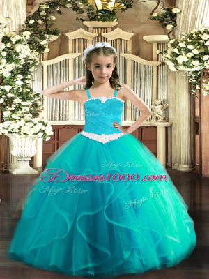 Aqua Blue Tulle Lace Up Straps Sleeveless Floor Length Little Girls Pageant Dress Appliques and Ruffles