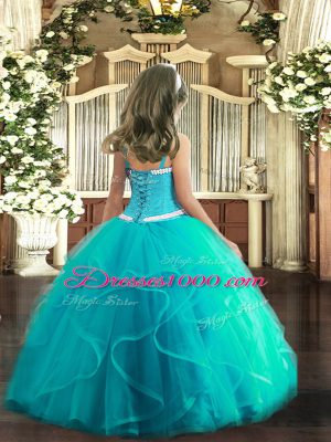 Aqua Blue Tulle Lace Up Straps Sleeveless Floor Length Little Girls Pageant Dress Appliques and Ruffles