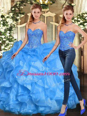 Baby Blue Sweetheart Lace Up Beading and Ruffles Vestidos de Quinceanera Sleeveless