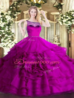 Edgy Fuchsia Scoop Neckline Beading and Ruffled Layers 15 Quinceanera Dress Sleeveless Zipper