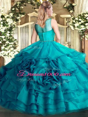 Edgy Fuchsia Scoop Neckline Beading and Ruffled Layers 15 Quinceanera Dress Sleeveless Zipper