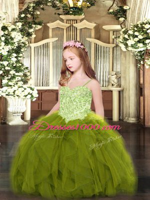 Stunning Sleeveless Tulle Floor Length Lace Up Kids Formal Wear in Olive Green with Appliques and Ruffles