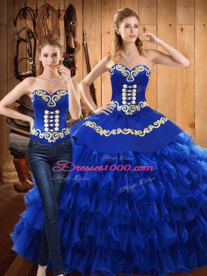 Customized Blue Ball Gowns Embroidery and Ruffled Layers Sweet 16 Quinceanera Dress Lace Up Tulle Sleeveless Floor Length