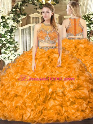 Cute Scoop Sleeveless 15th Birthday Dress Floor Length Beading and Ruffles Orange Red Organza