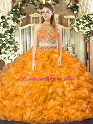 Cute Scoop Sleeveless 15th Birthday Dress Floor Length Beading and Ruffles Orange Red Organza
