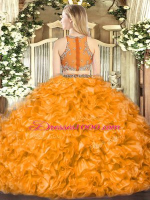Cute Scoop Sleeveless 15th Birthday Dress Floor Length Beading and Ruffles Orange Red Organza