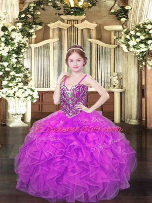 Perfect Lilac Organza Lace Up Spaghetti Straps Sleeveless Floor Length Pageant Dress for Teens Beading and Ruffles