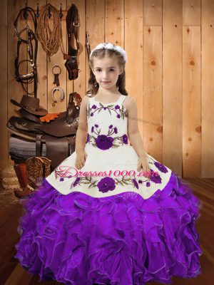 Eggplant Purple Sleeveless Embroidery and Ruffles Floor Length Pageant Dress for Girls