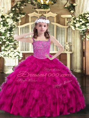 Floor Length Lace Up Child Pageant Dress Fuchsia for Sweet 16 and Quinceanera with Beading and Ruffles