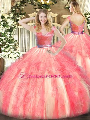 Customized Watermelon Red Tulle Zipper V-neck Sleeveless Floor Length 15 Quinceanera Dress Beading and Ruffles