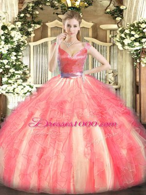 Customized Watermelon Red Tulle Zipper V-neck Sleeveless Floor Length 15 Quinceanera Dress Beading and Ruffles