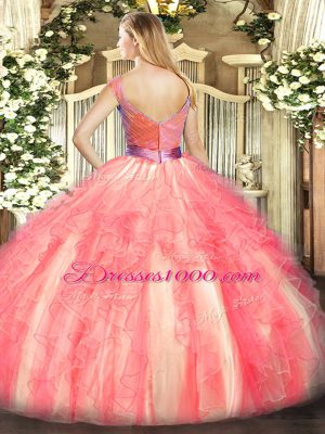 Customized Watermelon Red Tulle Zipper V-neck Sleeveless Floor Length 15 Quinceanera Dress Beading and Ruffles