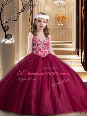 Wine Red Ball Gowns Beading and Appliques Child Pageant Dress Lace Up Tulle Sleeveless Floor Length