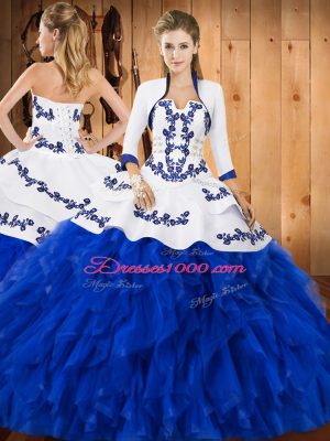 Admirable Ball Gowns Quince Ball Gowns Blue And White Strapless Satin and Organza Sleeveless Floor Length Lace Up