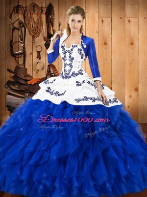 Admirable Ball Gowns Quince Ball Gowns Blue And White Strapless Satin and Organza Sleeveless Floor Length Lace Up