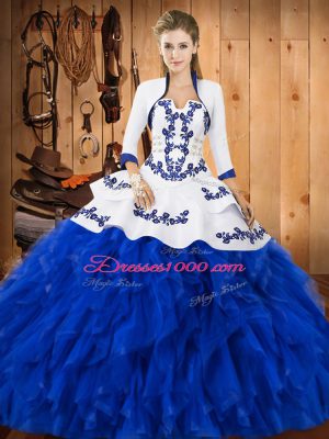 Admirable Ball Gowns Quince Ball Gowns Blue And White Strapless Satin and Organza Sleeveless Floor Length Lace Up