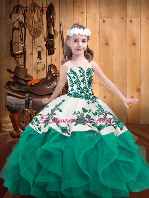 Sleeveless Organza Lace Up Kids Pageant Dress in Turquoise with Embroidery and Ruffles
