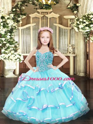 Aqua Blue Sleeveless Floor Length Beading and Ruffled Layers Lace Up Little Girl Pageant Gowns