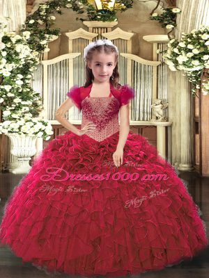 Ball Gowns Pageant Dress for Teens Red Straps Organza Sleeveless Floor Length Lace Up