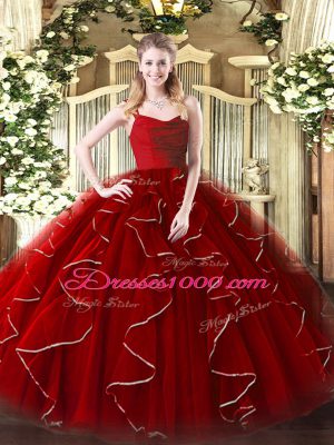 Sexy Sleeveless Organza Floor Length Zipper Quince Ball Gowns in Wine Red with Ruffles