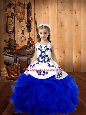 Elegant Royal Blue Ball Gowns Straps Sleeveless Organza Floor Length Lace Up Embroidery and Ruffles Little Girls Pageant Gowns