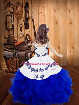 Elegant Royal Blue Ball Gowns Straps Sleeveless Organza Floor Length Lace Up Embroidery and Ruffles Little Girls Pageant Gowns