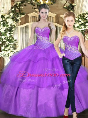 Eggplant Purple Ball Gowns Sweetheart Sleeveless Tulle Floor Length Lace Up Beading and Ruffled Layers Ball Gown Prom Dress