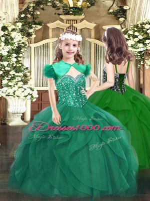 Dark Green Sleeveless Beading and Ruffles Floor Length Little Girls Pageant Dress