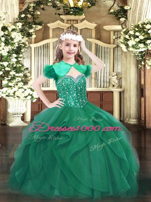Dark Green Sleeveless Beading and Ruffles Floor Length Little Girls Pageant Dress
