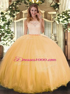 Adorable Floor Length Gold Sweet 16 Dress Tulle Sleeveless Lace