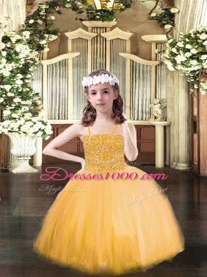 On Sale Orange Lace Up Spaghetti Straps Beading Kids Formal Wear Tulle Sleeveless