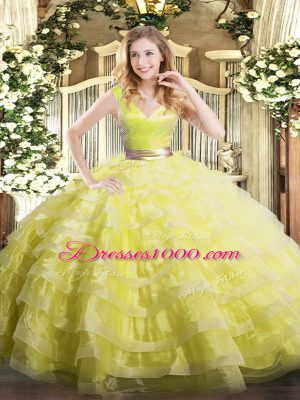 Eye-catching Yellow Green Sleeveless Organza Zipper Vestidos de Quinceanera for Military Ball and Sweet 16 and Quinceanera
