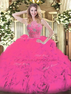 Hot Pink Ball Gowns Halter Top Sleeveless Tulle Floor Length Zipper Beading and Ruffles Vestidos de Quinceanera