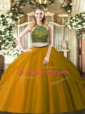 Glamorous Brown Zipper Halter Top Beading Quinceanera Gown Tulle Sleeveless