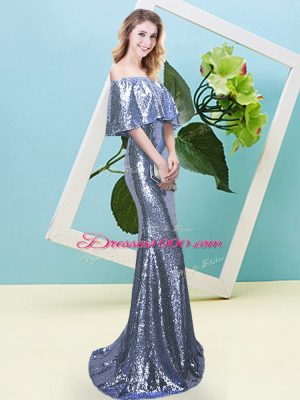 Half Sleeves Floor Length Sequins Zipper Evening Dress with Blue