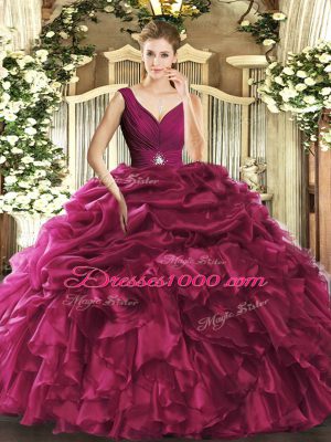 Dazzling V-neck Sleeveless Quinceanera Dress Floor Length Beading and Ruffles Burgundy Organza