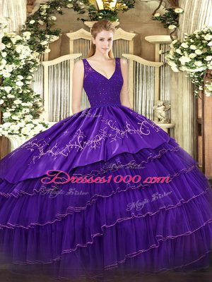 Eye-catching Purple Satin and Tulle Zipper V-neck Sleeveless Floor Length Quinceanera Dresses Beading and Embroidery and Ruffled Layers