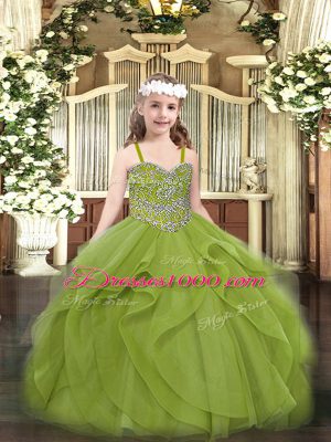 Amazing Olive Green Straps Neckline Beading and Ruffles Child Pageant Dress Sleeveless Lace Up