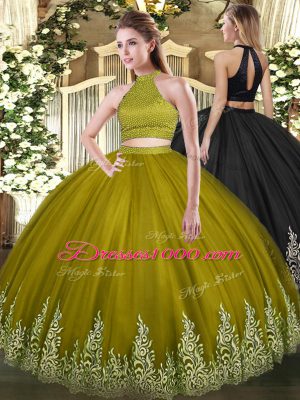 Beading and Appliques Sweet 16 Dress Olive Green Backless Sleeveless Floor Length
